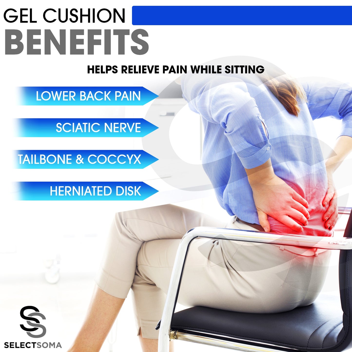 SelectSoma Gel Seat Cushion for Long Sitting Pressure Relief for Back, Sciatica, Coccyx, Tailbone Pain – Wheelchair Cushions