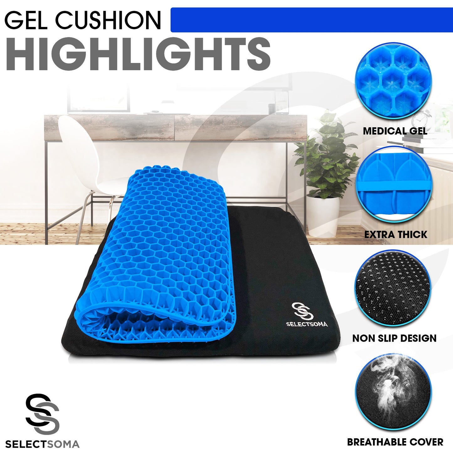 SelectSoma Gel Seat Cushion for Long Sitting Pressure Relief for Back, Sciatica, Coccyx, Tailbone Pain – Wheelchair Cushions